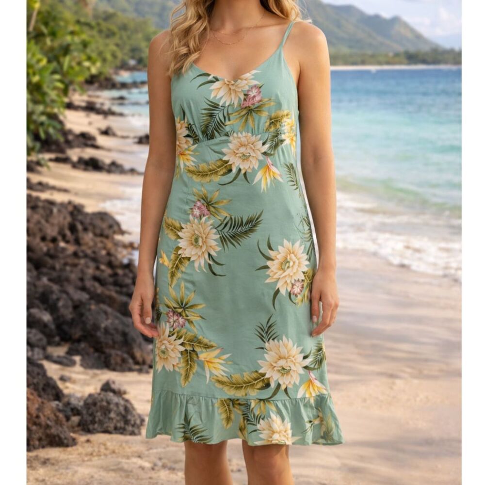 Vintage Hawaiian Floral Slip Dress Size S Sage Green Y2K Coastal Cottagecore
